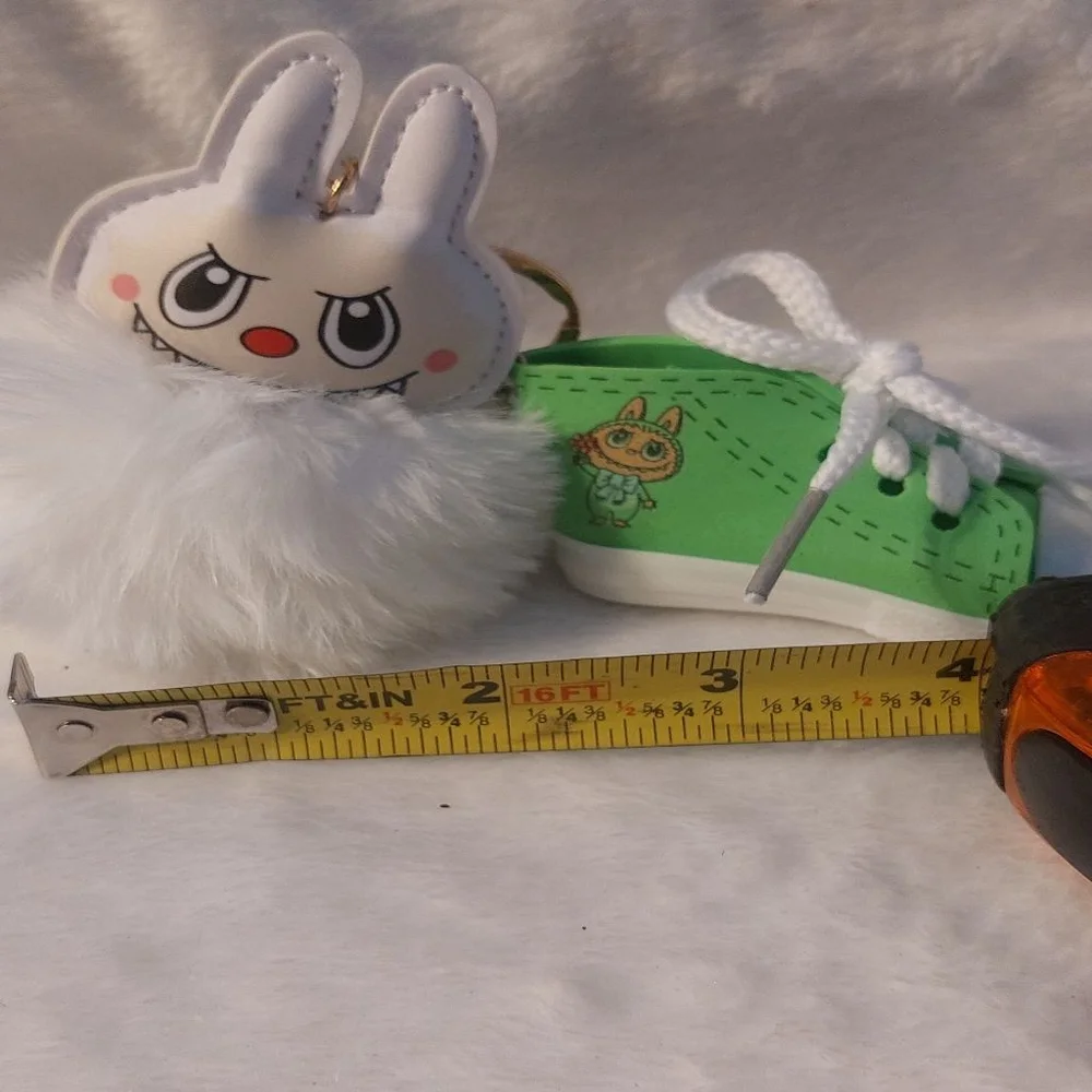 Fuzzy White Labubu and Green Labubu Shoe Keychain